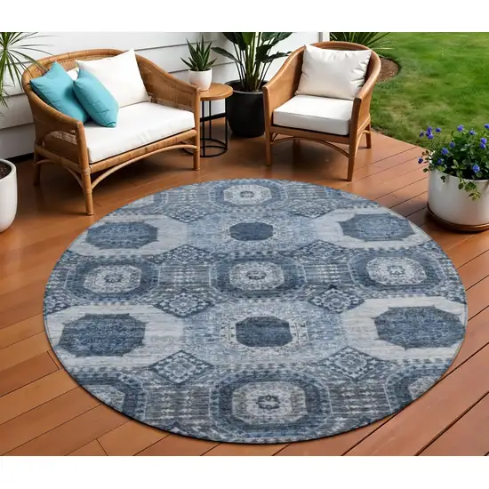 8' Blue And Ivory Round Medallion Washable Indoor Outdoor Area Rug Photo 2