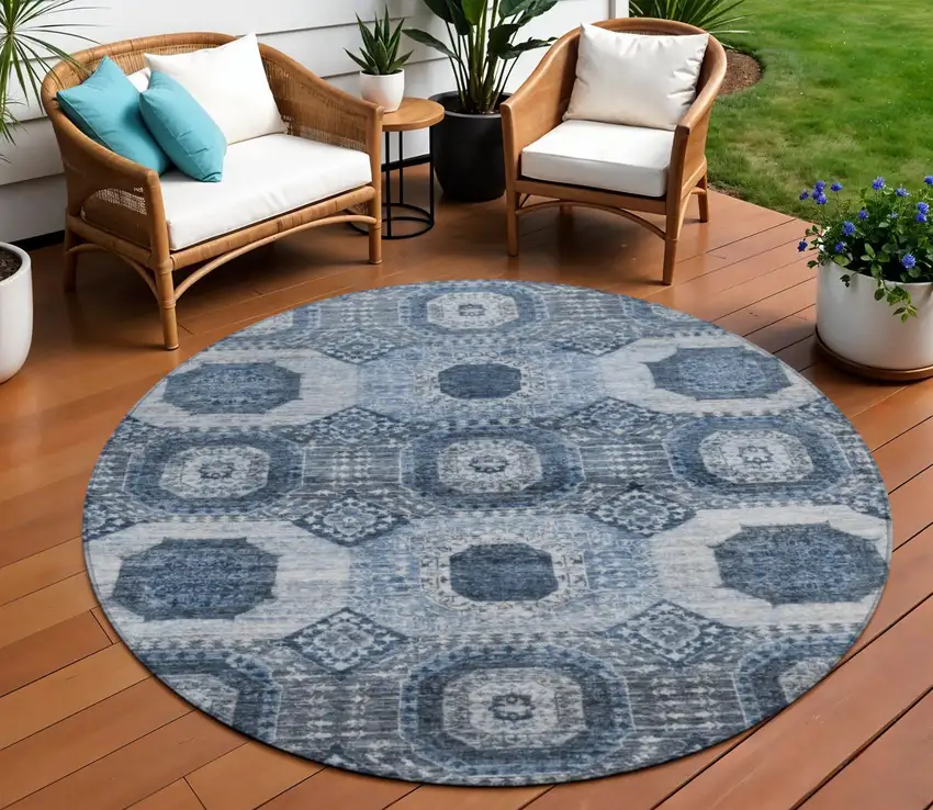 8' Blue And Ivory Round Medallion Washable Indoor Outdoor Area Rug Photo 2
