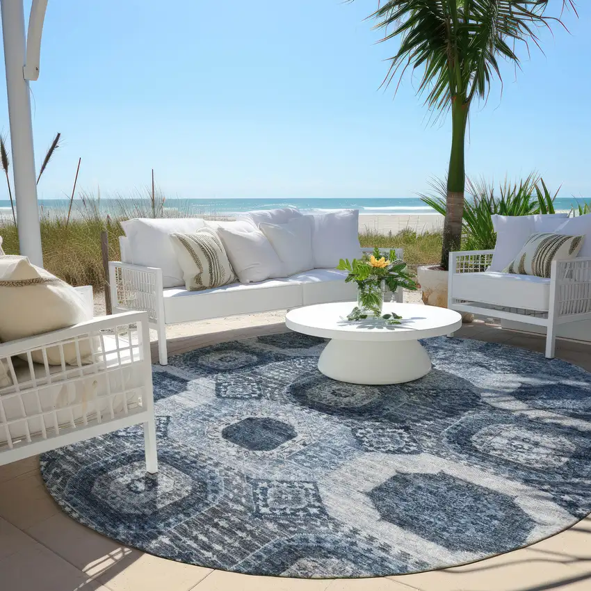 8' Blue And Ivory Round Medallion Washable Indoor Outdoor Area Rug Photo 5