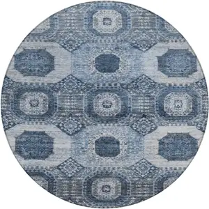 Photo of 8' Blue And Ivory Round Medallion Washable Indoor Outdoor Area Rug