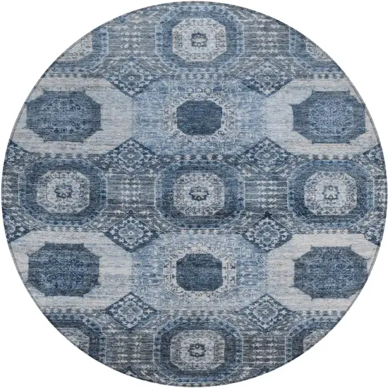 8' Blue And Ivory Round Medallion Washable Indoor Outdoor Area Rug Photo 1