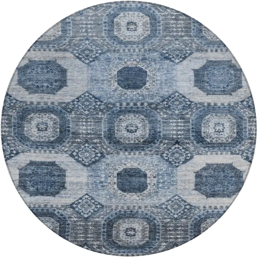 8' Blue And Ivory Round Medallion Washable Indoor Outdoor Area Rug Photo 1