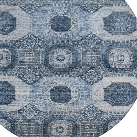 8' Blue And Ivory Round Medallion Washable Indoor Outdoor Area Rug Photo 4