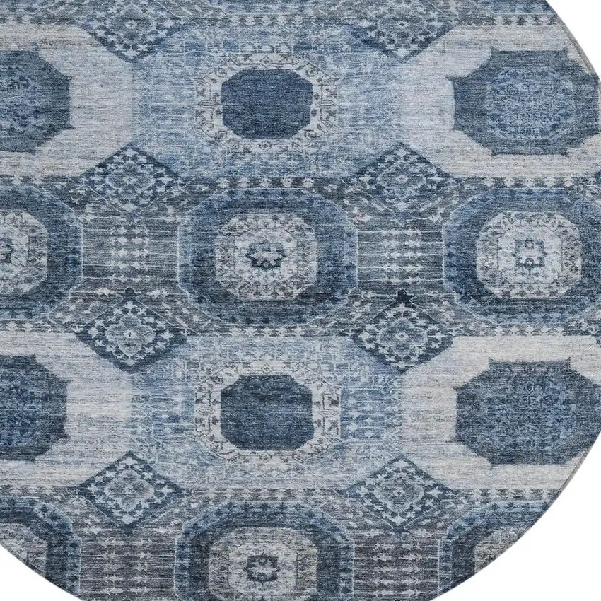 8' Blue And Ivory Round Medallion Washable Indoor Outdoor Area Rug Photo 4