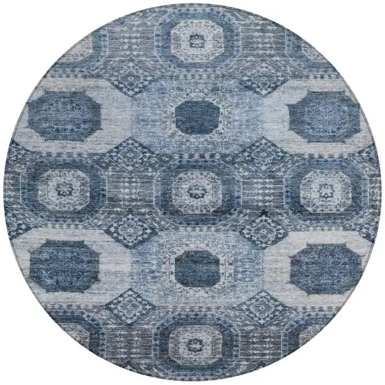 8' Blue And Ivory Round Medallion Washable Indoor Outdoor Area Rug Photo 3