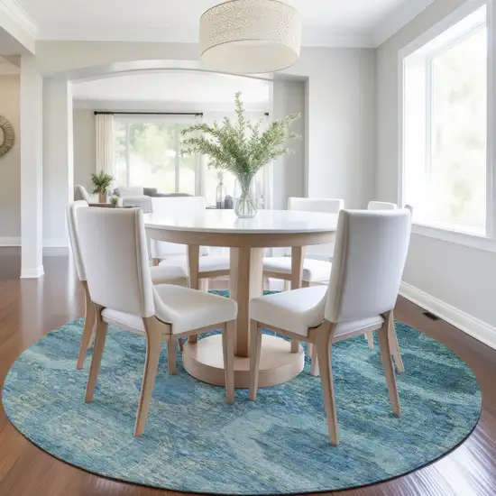 8' Blue And Ivory Round Medallion Washable Indoor Outdoor Area Rug Photo 6