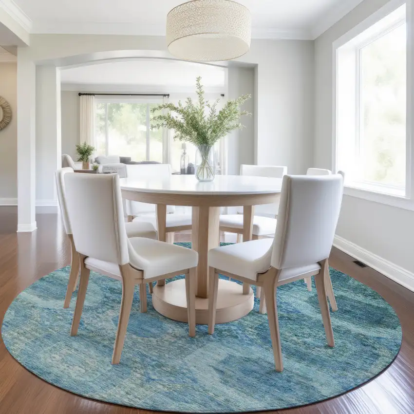 8' Blue And Ivory Round Medallion Washable Indoor Outdoor Area Rug Photo 6