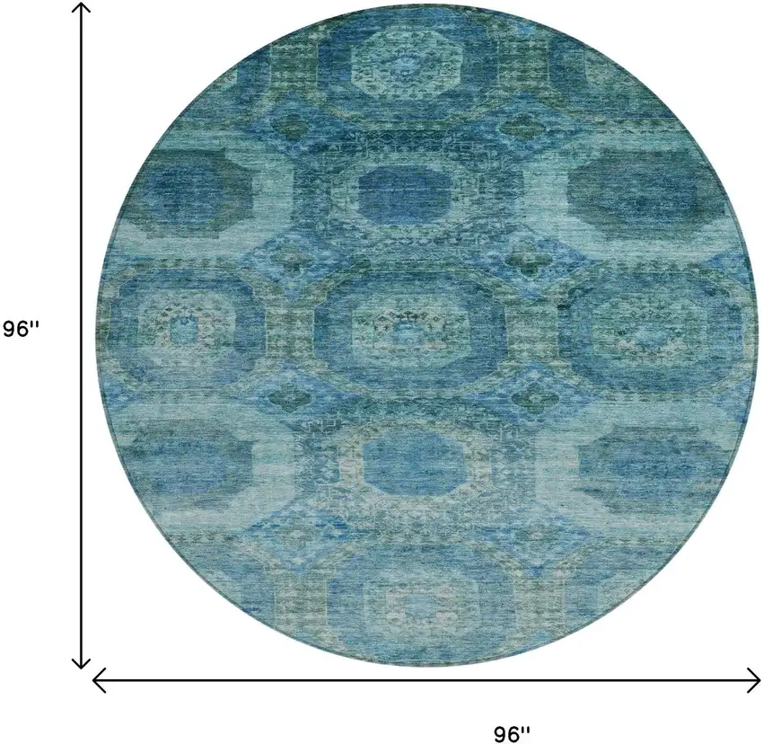 8' Blue And Ivory Round Medallion Washable Indoor Outdoor Area Rug Photo 8