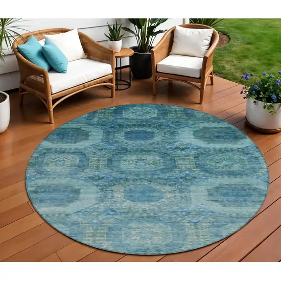 8' Blue And Ivory Round Medallion Washable Indoor Outdoor Area Rug Photo 2