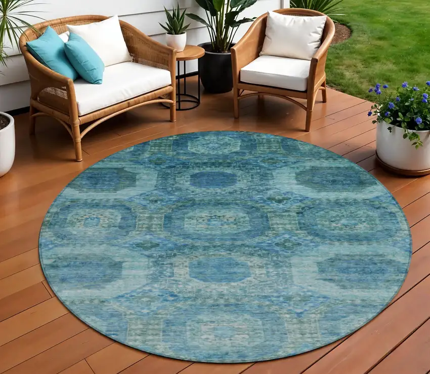 8' Blue And Ivory Round Medallion Washable Indoor Outdoor Area Rug Photo 2