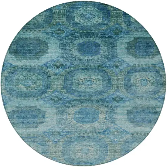 8' Blue And Ivory Round Medallion Washable Indoor Outdoor Area Rug Photo 4
