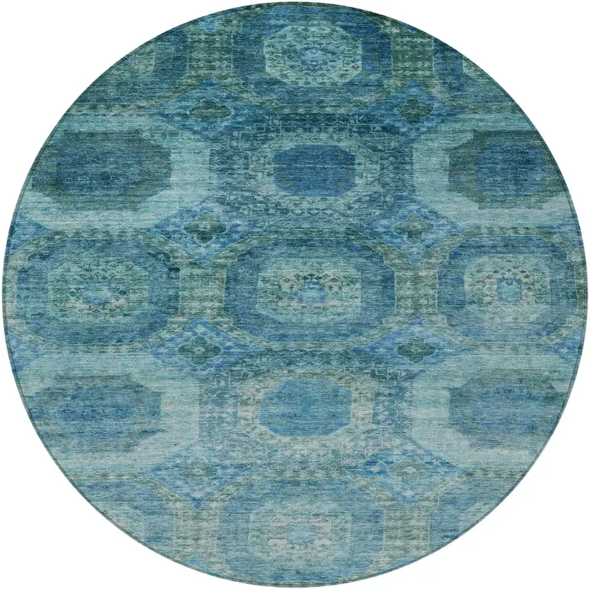 8' Blue And Ivory Round Medallion Washable Indoor Outdoor Area Rug Photo 4