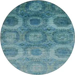 Photo of 8' Blue And Ivory Round Medallion Washable Indoor Outdoor Area Rug