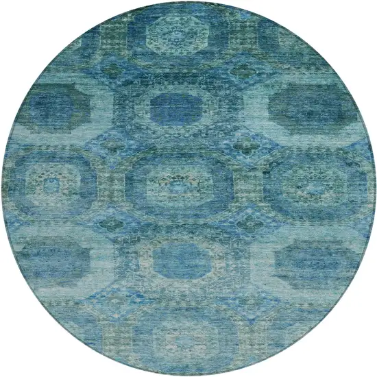 8' Blue And Ivory Round Medallion Washable Indoor Outdoor Area Rug Photo 1