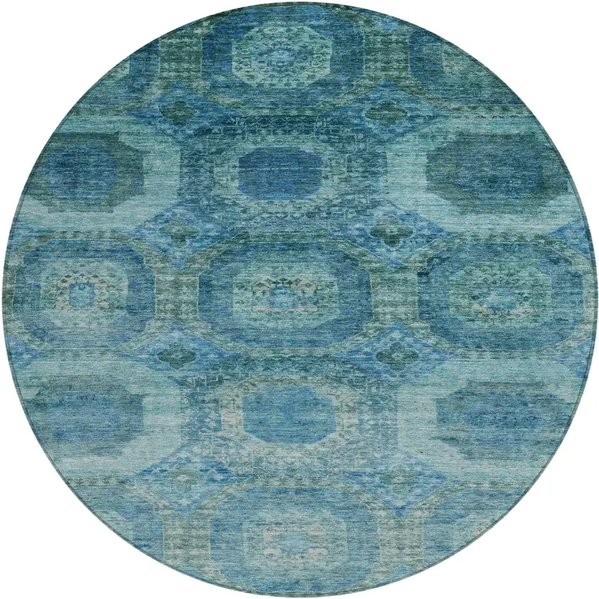 8' Blue And Ivory Round Medallion Washable Indoor Outdoor Area Rug Photo 1