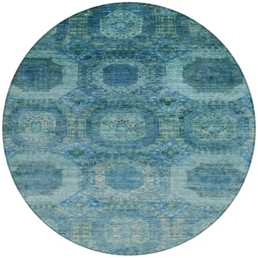 8' Blue And Ivory Round Medallion Washable Indoor Outdoor Area Rug Photo 3