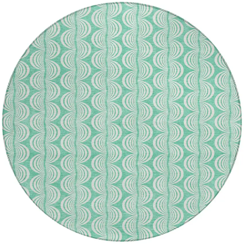 8' Blue And Ivory Round Ogee Washable Indoor Outdoor Area Rug Photo 5