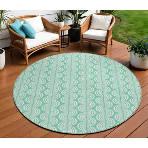 Photo of 8' Blue And Ivory Round Ogee Washable Indoor Outdoor Area Rug
