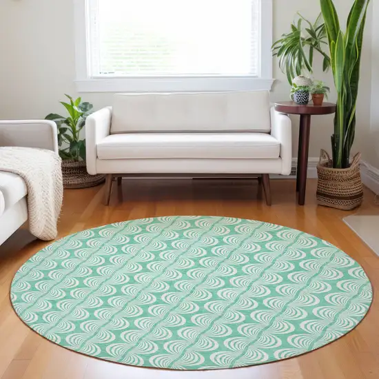 8' Blue And Ivory Round Ogee Washable Indoor Outdoor Area Rug Photo 8