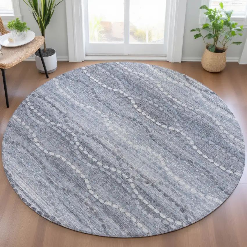 8' Blue And Ivory Round Ogee Washable Indoor Outdoor Area Rug Photo 5