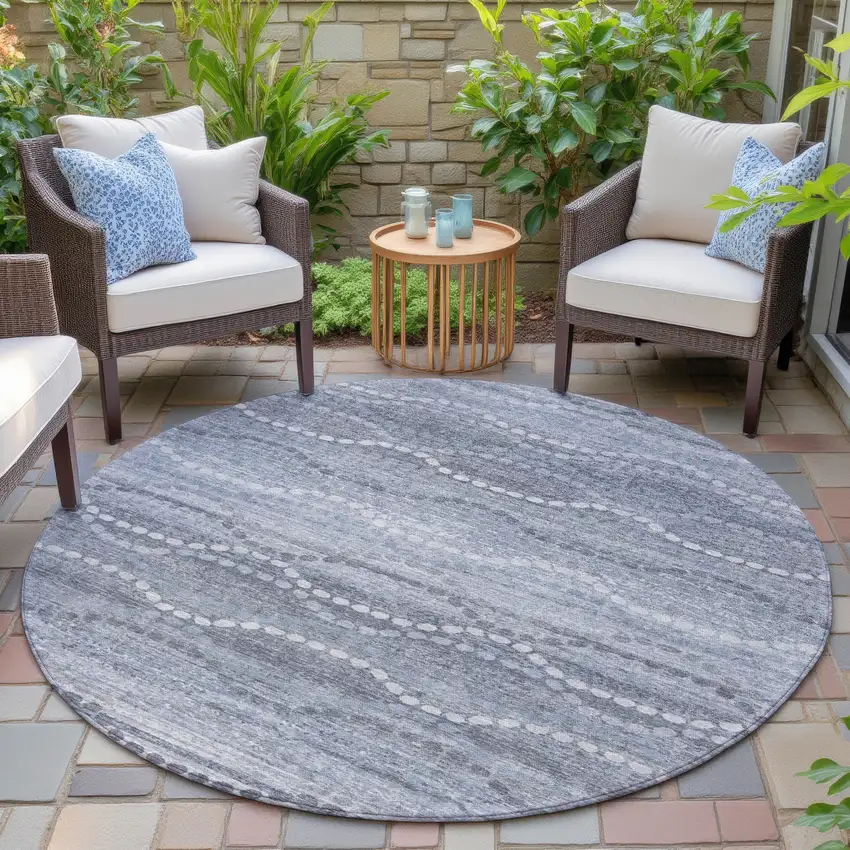 8' Blue And Ivory Round Ogee Washable Indoor Outdoor Area Rug Photo 6