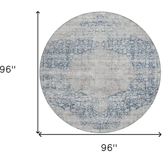 8' Blue And Ivory Round Oriental Washable Indoor Outdoor Area Rug Photo 9