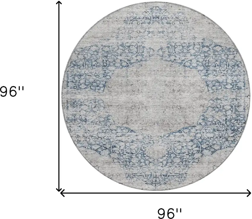 8' Blue And Ivory Round Oriental Washable Indoor Outdoor Area Rug Photo 9