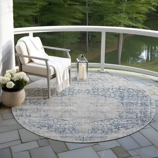 8' Blue And Ivory Round Oriental Washable Indoor Outdoor Area Rug Photo 7