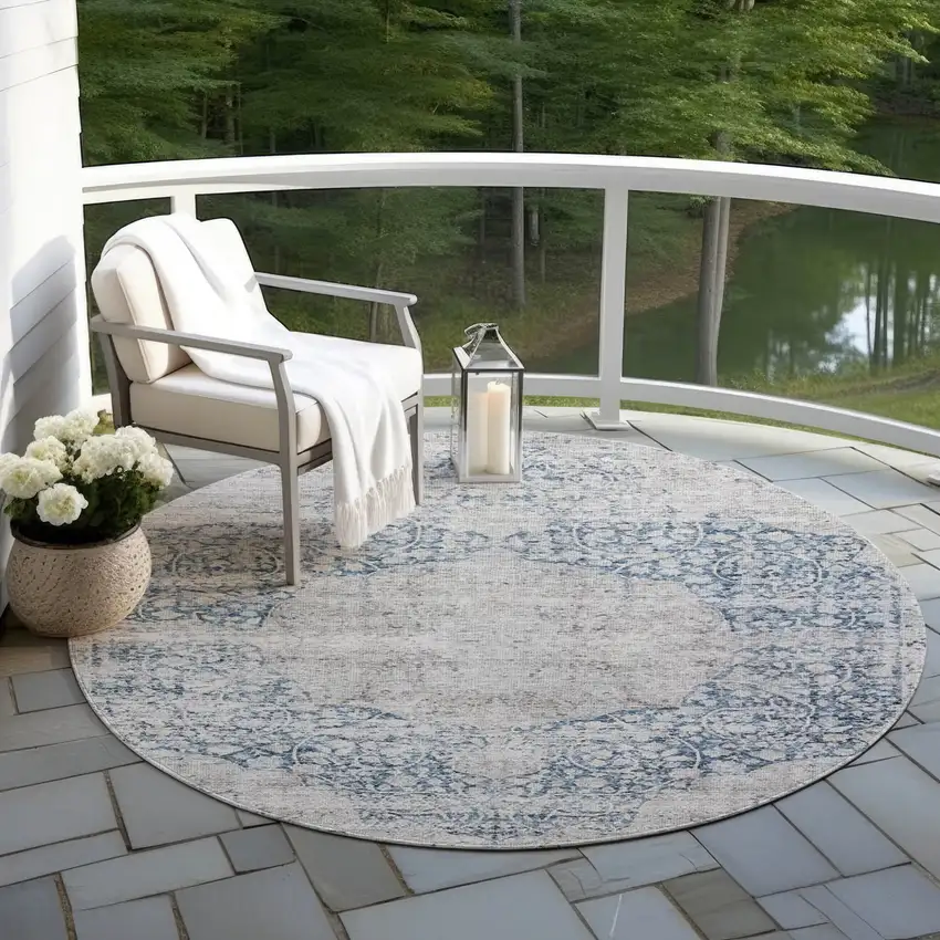 8' Blue And Ivory Round Oriental Washable Indoor Outdoor Area Rug Photo 7