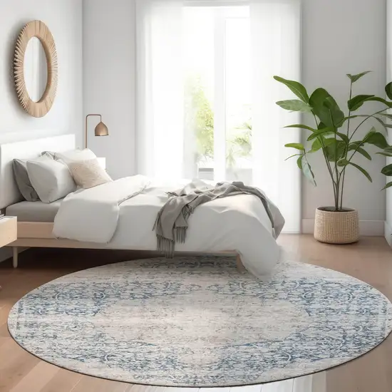8' Blue And Ivory Round Oriental Washable Indoor Outdoor Area Rug Photo 8