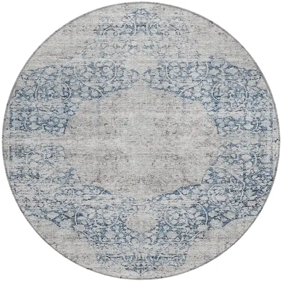 8' Blue And Ivory Round Oriental Washable Indoor Outdoor Area Rug Photo 2