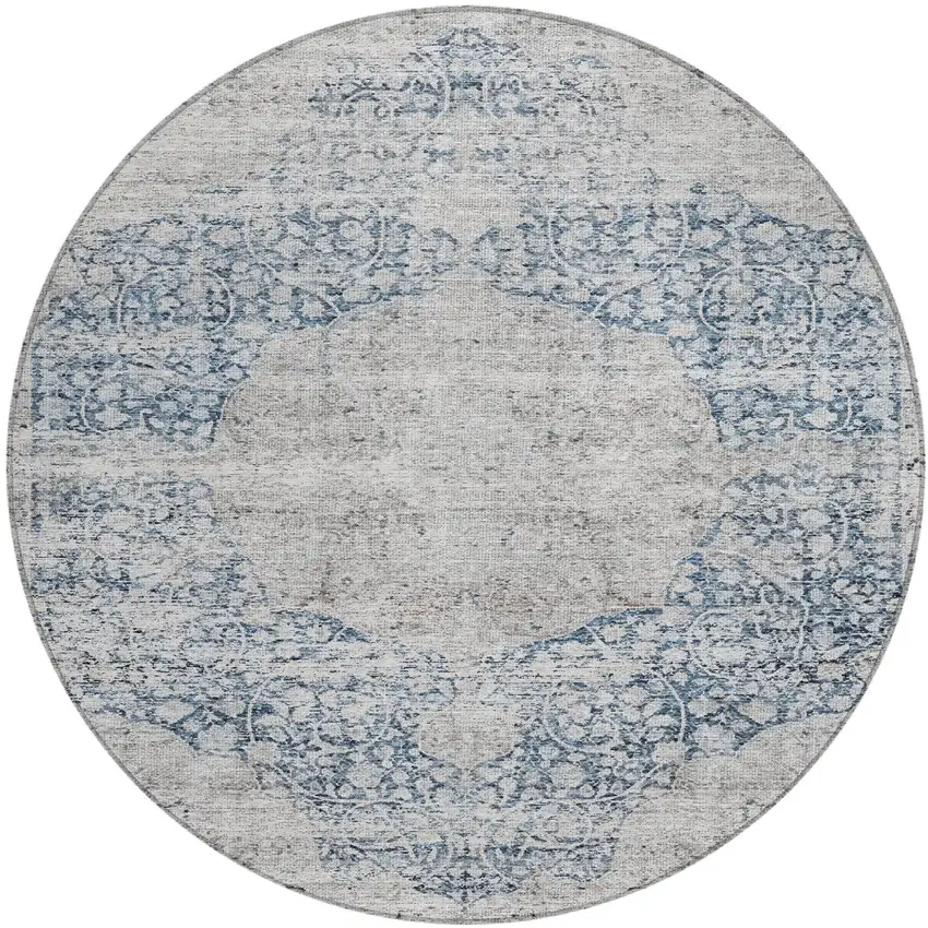 8' Blue And Ivory Round Oriental Washable Indoor Outdoor Area Rug Photo 2