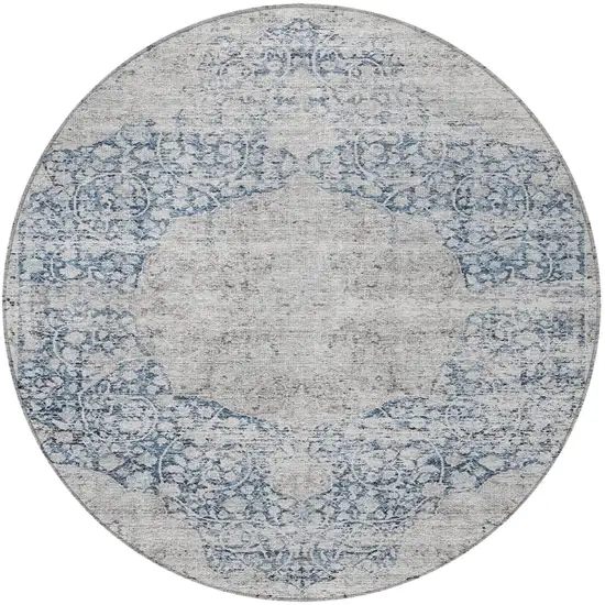 8' Blue And Ivory Round Oriental Washable Indoor Outdoor Area Rug Photo 6