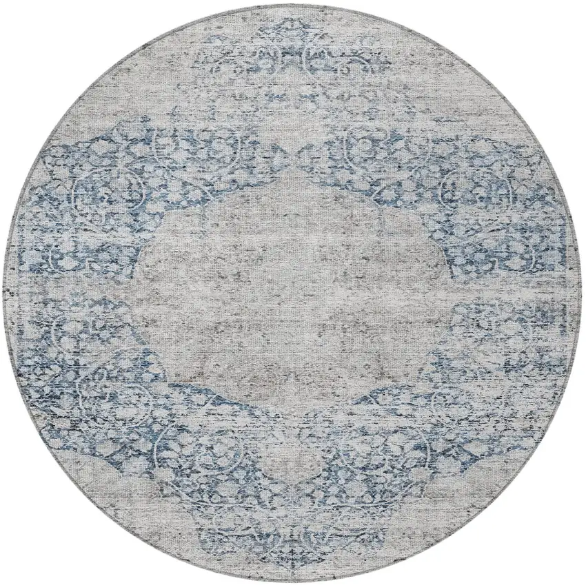 8' Blue And Ivory Round Oriental Washable Indoor Outdoor Area Rug Photo 6