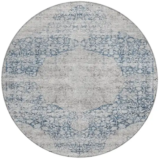 8' Blue And Ivory Round Oriental Washable Indoor Outdoor Area Rug Photo 5