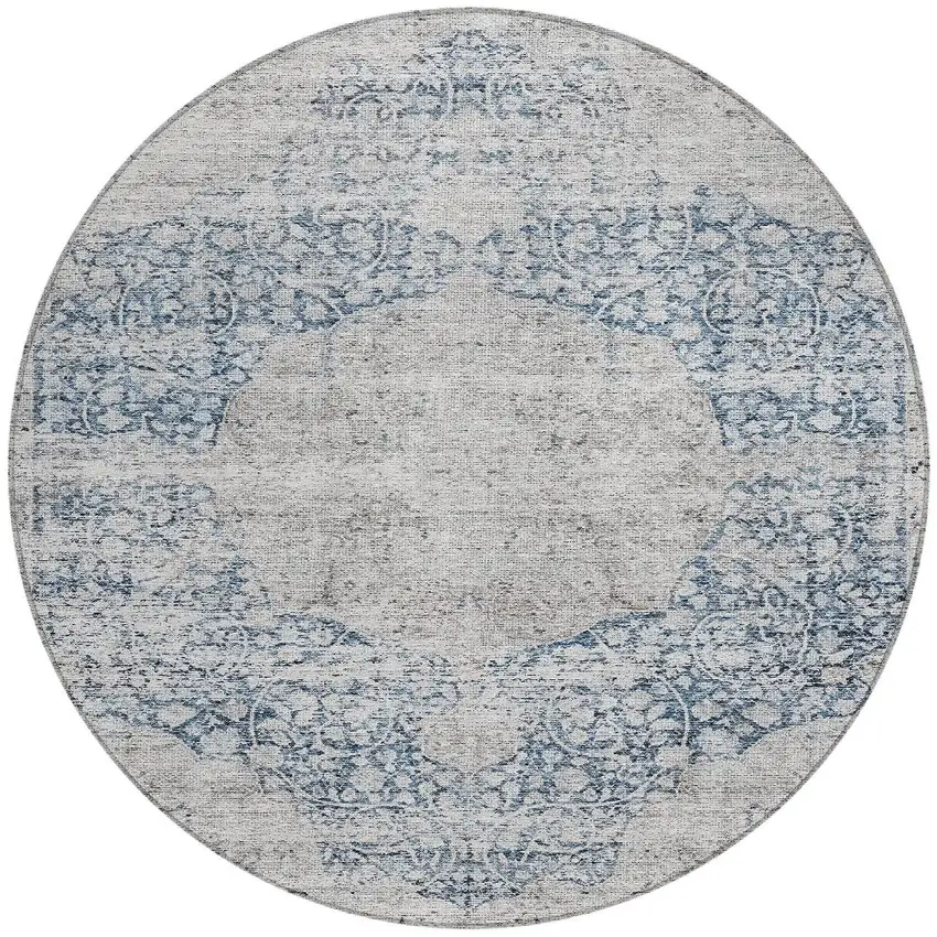 8' Blue And Ivory Round Oriental Washable Indoor Outdoor Area Rug Photo 5