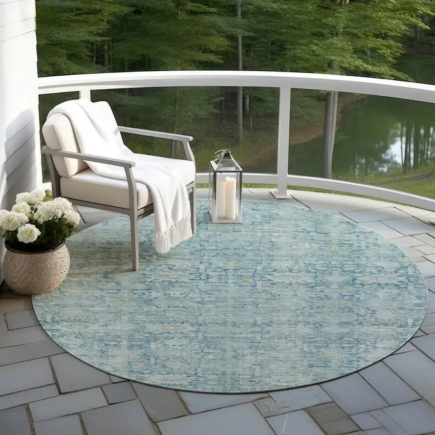 8' Blue And Ivory Round Oriental Washable Indoor Outdoor Area Rug Photo 5