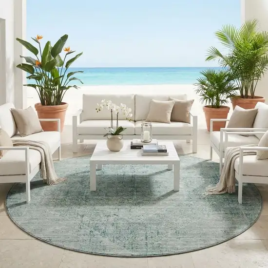 8' Blue And Ivory Round Oriental Washable Indoor Outdoor Area Rug Photo 1