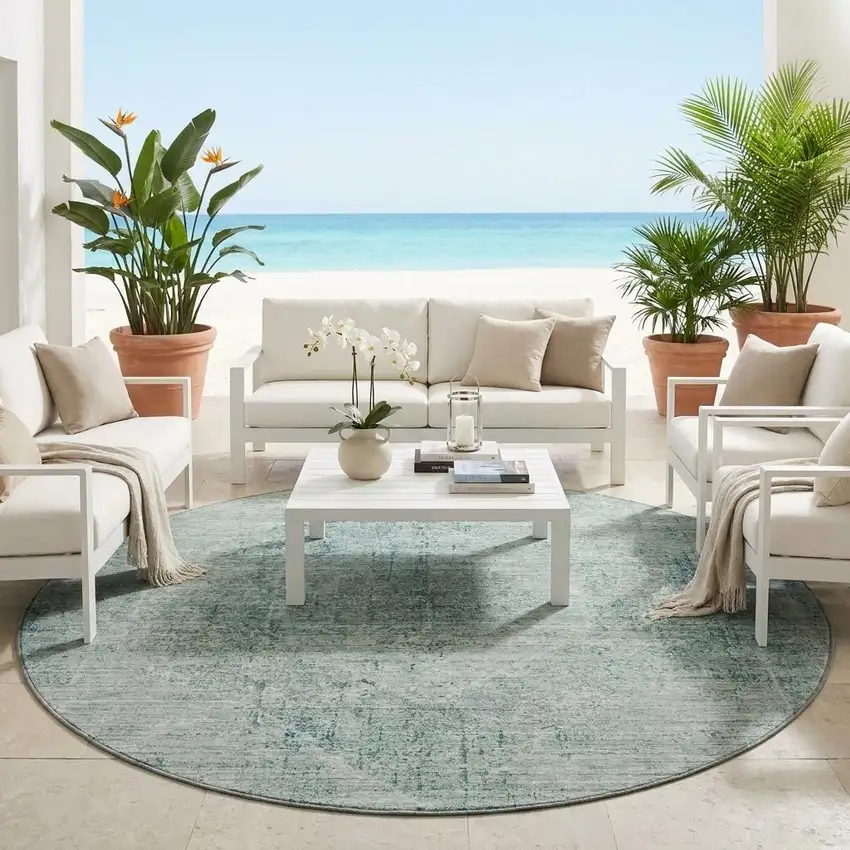8' Blue And Ivory Round Oriental Washable Indoor Outdoor Area Rug Photo 1