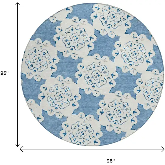 8' Blue And Ivory Round Quatrefoil Washable Indoor Outdoor Area Rug Photo 3