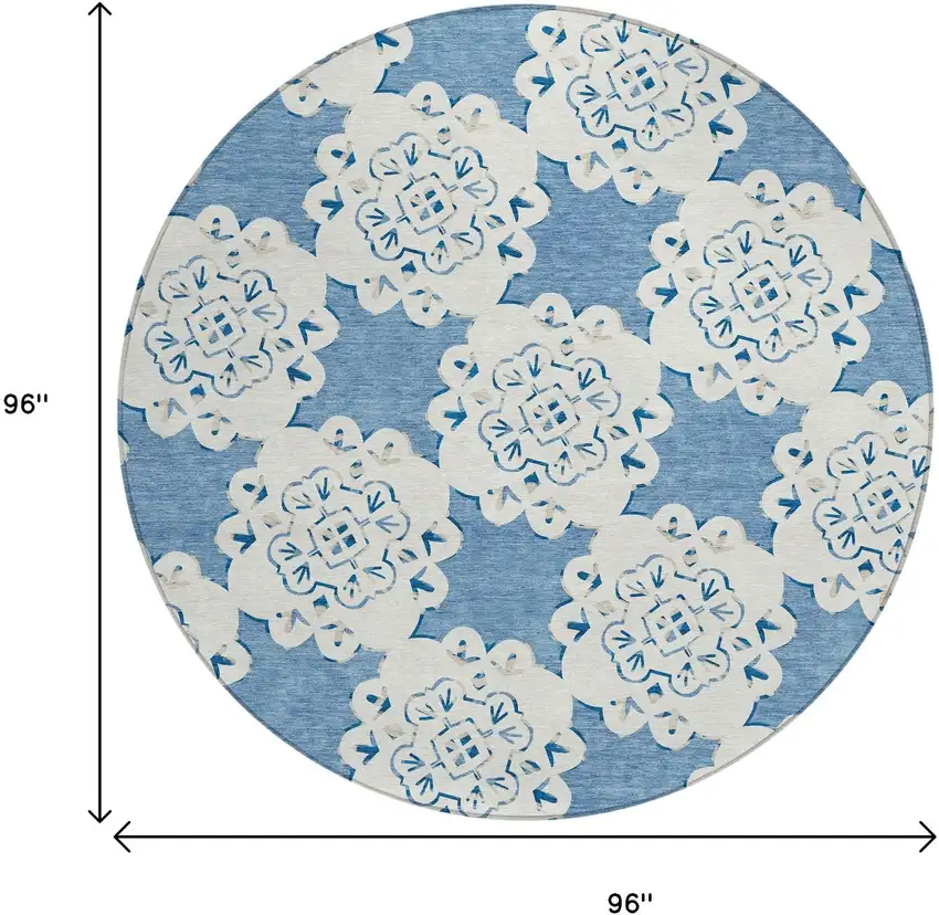 8' Blue And Ivory Round Quatrefoil Washable Indoor Outdoor Area Rug Photo 3
