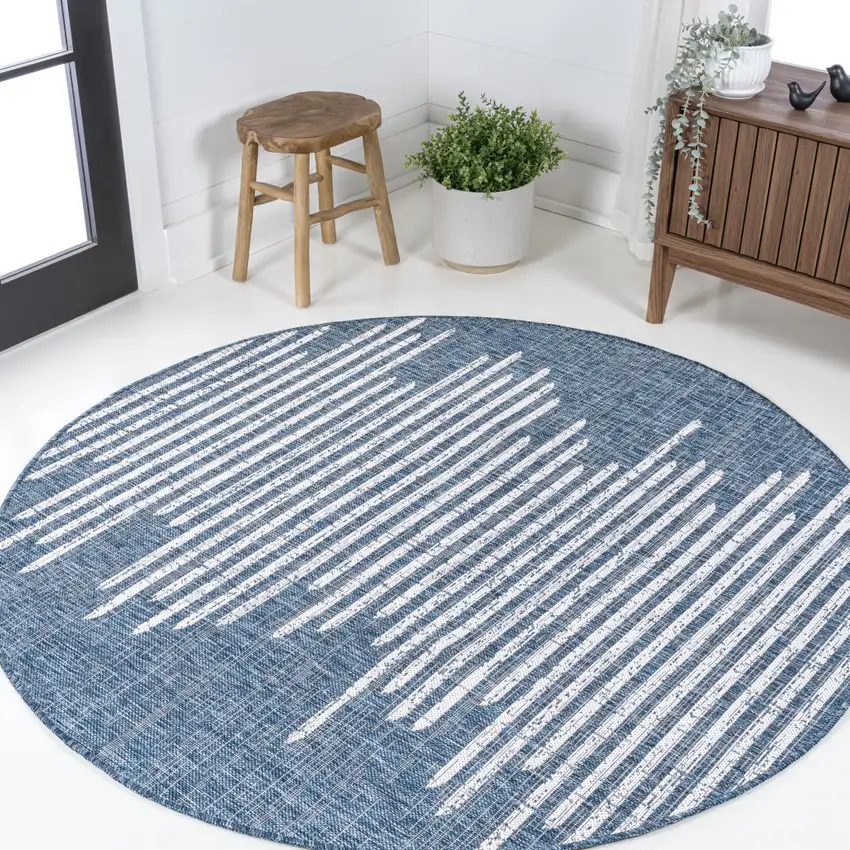 5' Blue And Ivory Round Striped Indoor Outdoor Area Rug Photo 4
