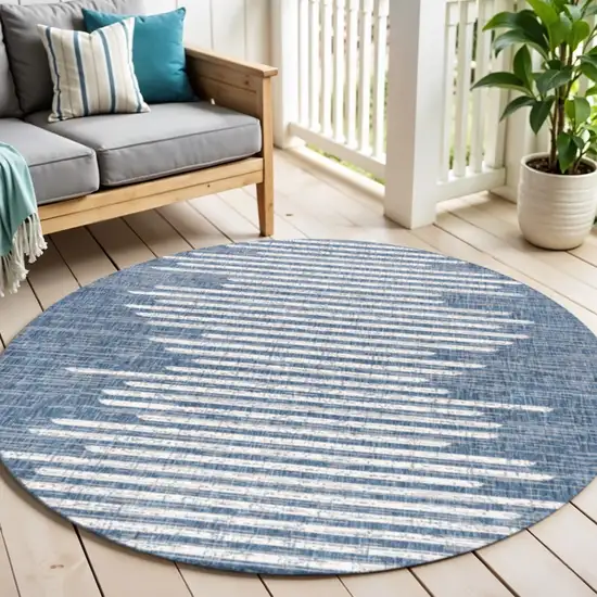 6' Blue And Ivory Round Striped Indoor Outdoor Area Rug Photo 1