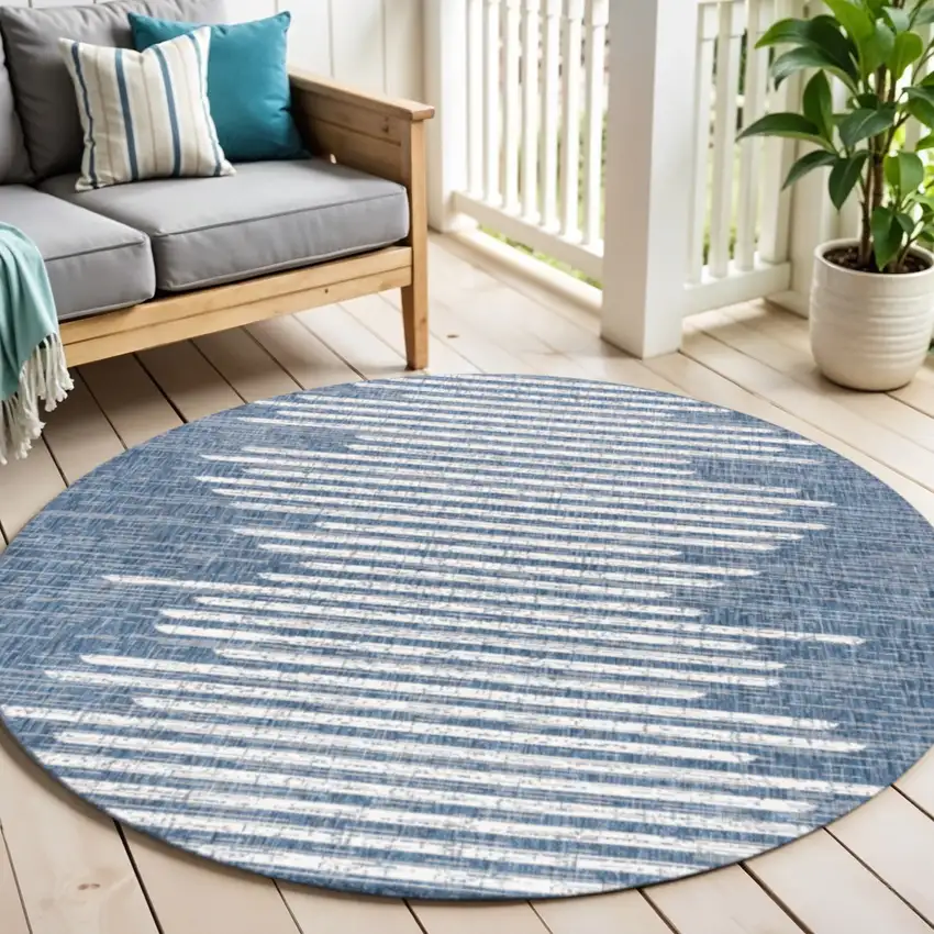 6' Blue And Ivory Round Striped Indoor Outdoor Area Rug Photo 1