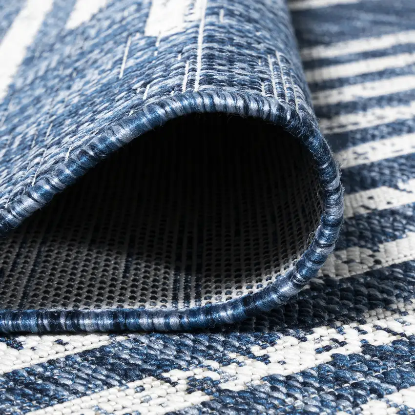 8' Blue And Ivory Round Striped Indoor Outdoor Area Rug Photo 8