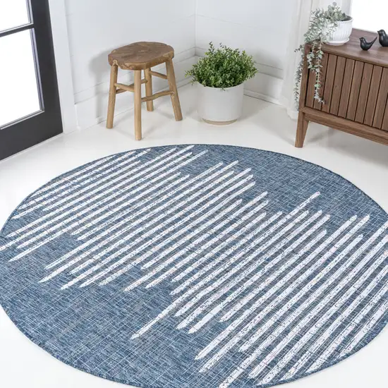 8' Blue And Ivory Round Striped Indoor Outdoor Area Rug Photo 4