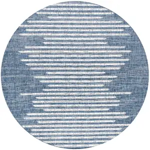 Photo of 8' Blue And Ivory Round Striped Indoor Outdoor Area Rug