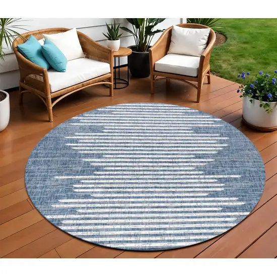 8' Blue And Ivory Round Striped Indoor Outdoor Area Rug Photo 1