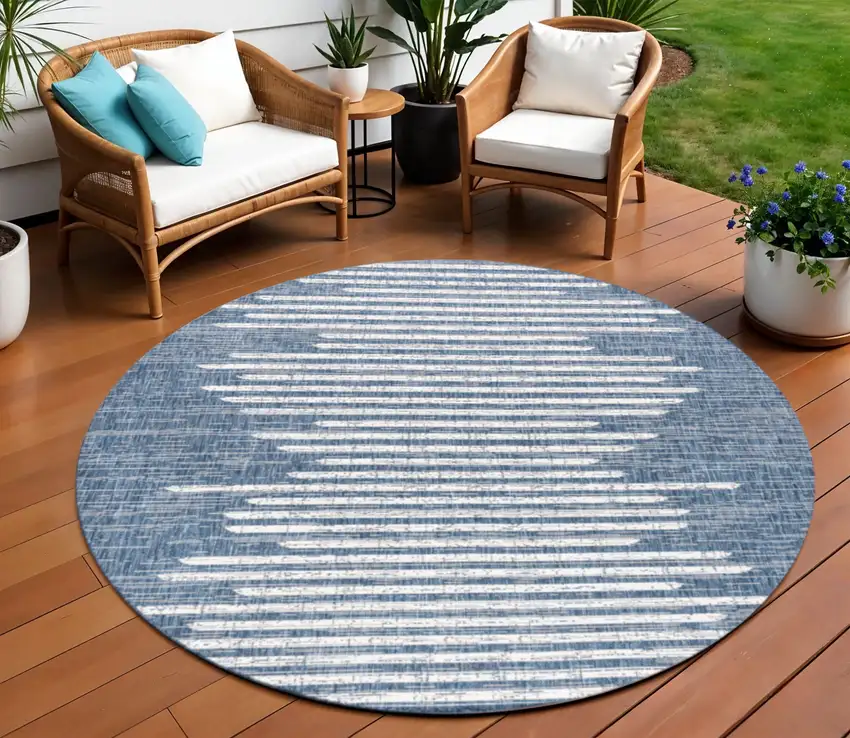 8' Blue And Ivory Round Striped Indoor Outdoor Area Rug Photo 1