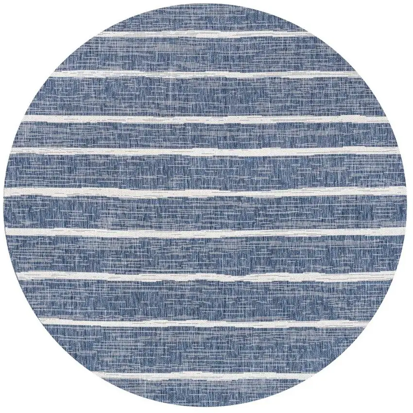 5' Blue And Ivory Round Striped Indoor Outdoor Area Rug Photo 3